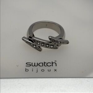 Swatch Bijoux Flashing Me Stainless Steel & White Crystal Ring - size 7